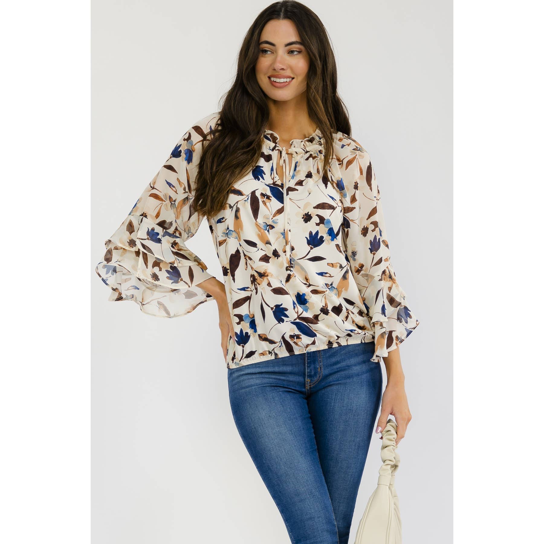 Floral Bell Sleeve with Tie Detail Peasant Top