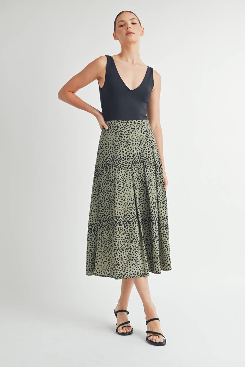 Olive Leopard Print Tiered Midi Skirt