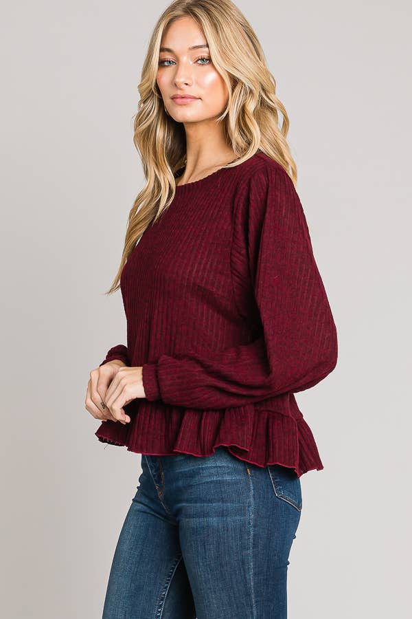 Ruffle Hem Brushed Rib Knit Long Sleeve Sweater