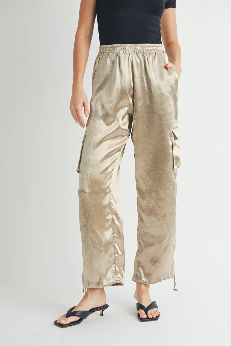 Satin Cargo Pants with Adjustable Drawstring Hem