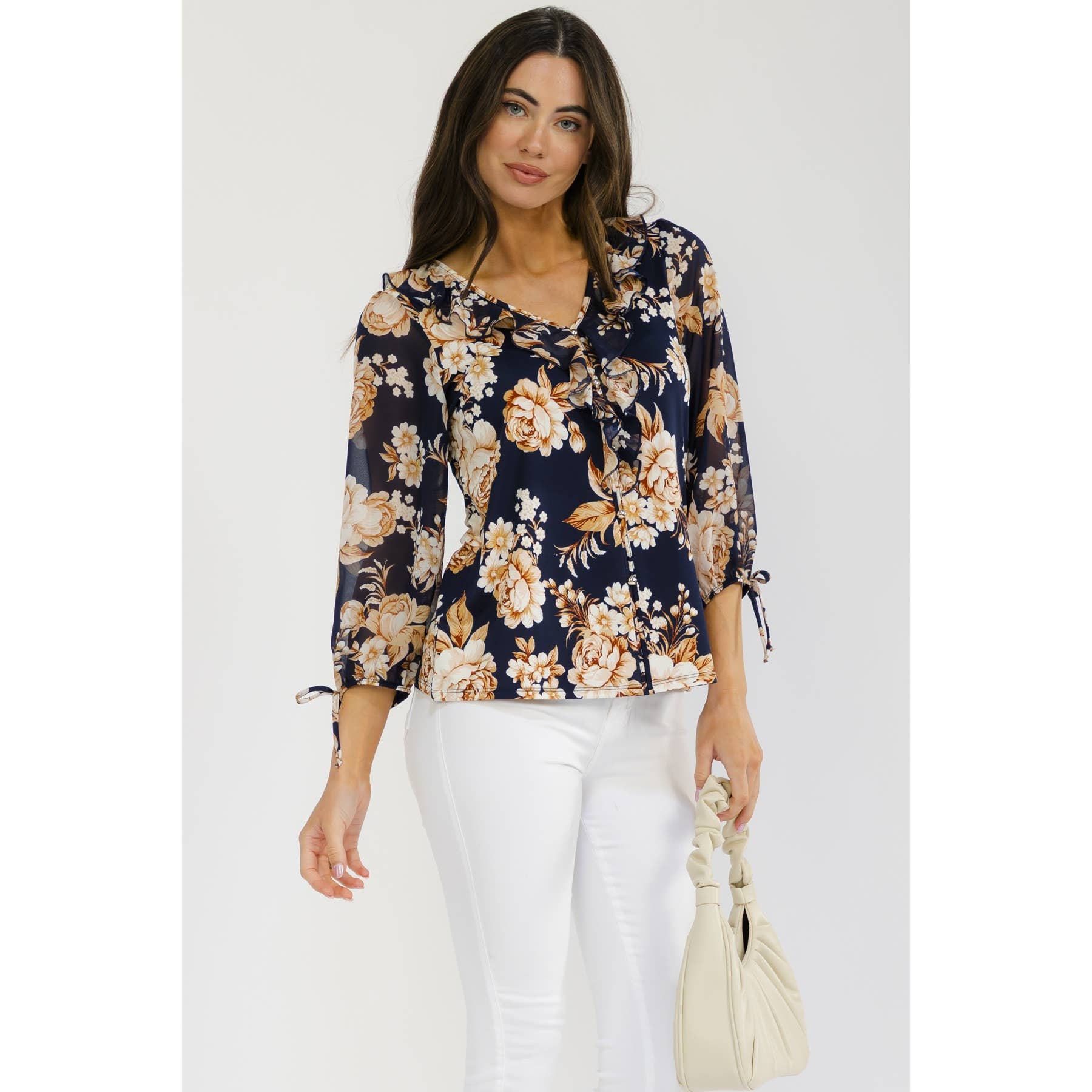 Gold Button with a Romantic Ruffle Front Blouse