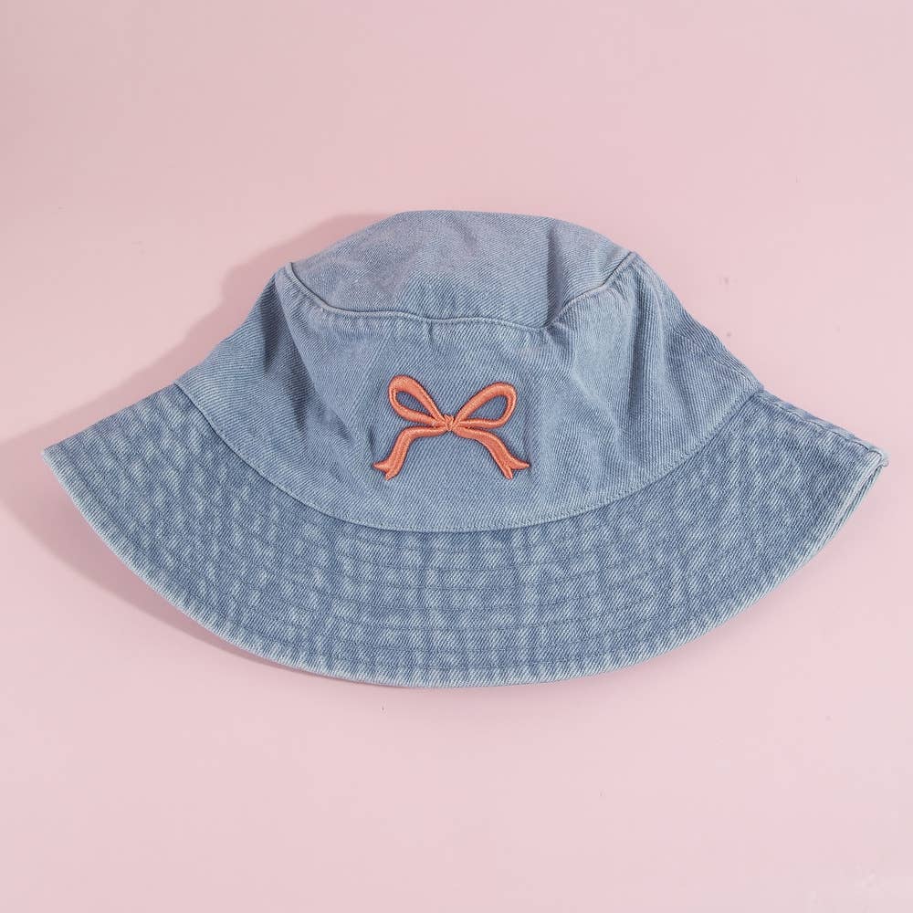 Embroidered Bow Denim Bucket Hat