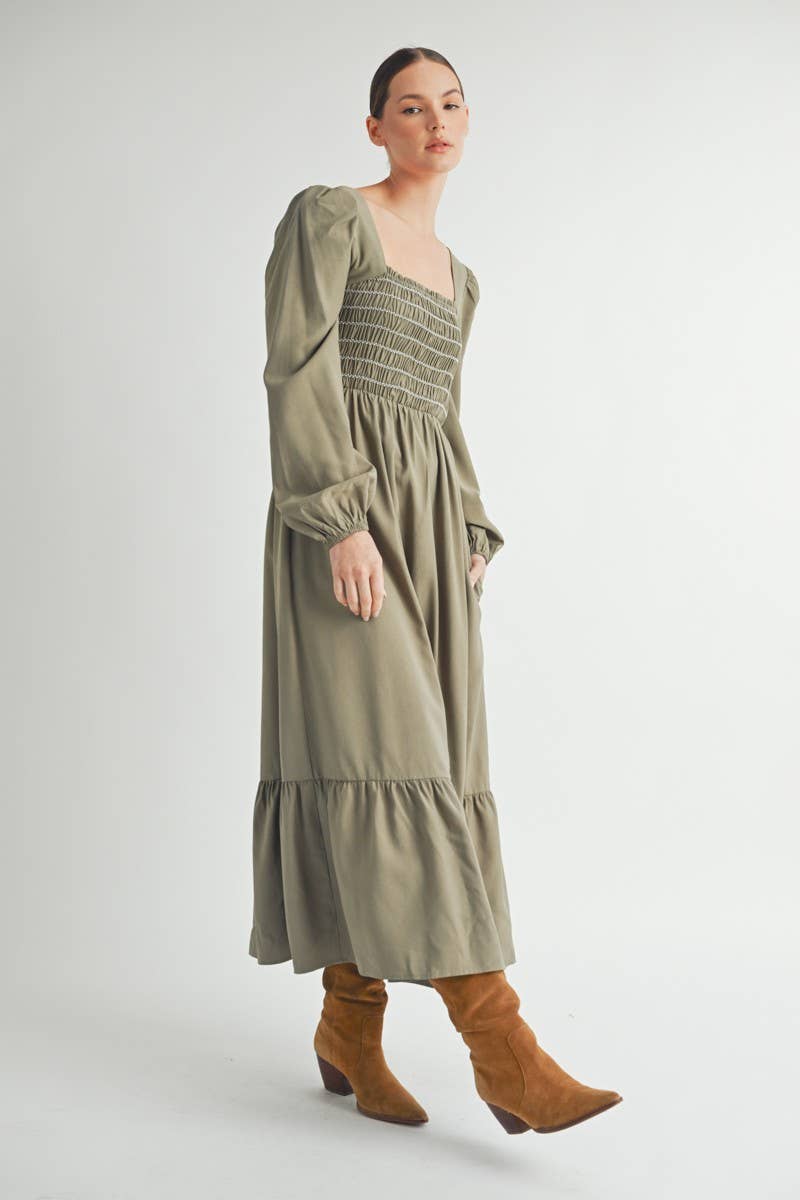 Olive Smocked Bodice Long Sleeve Midi Dress