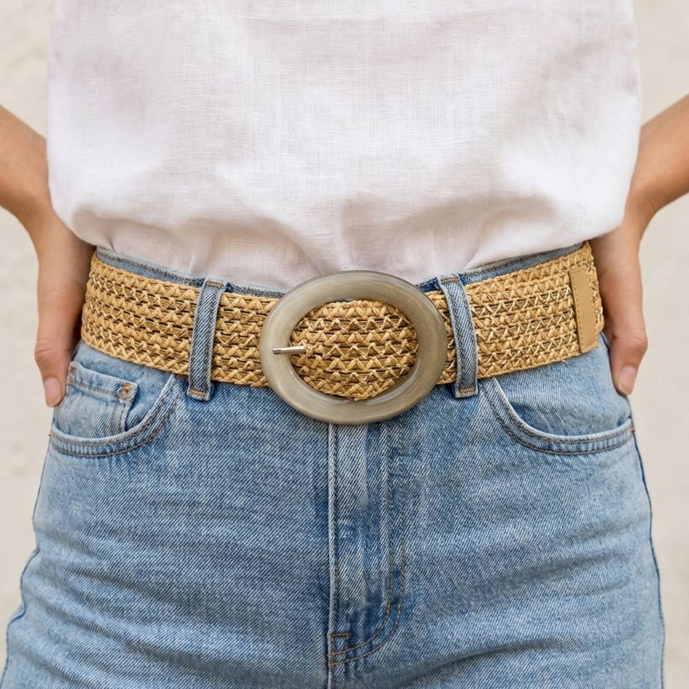 Wide Woven Straw Belt with Resin Buckle
