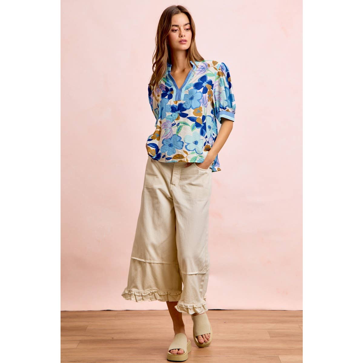 Bibi Woven Puff Sleeve Blouse with Contrast Trim