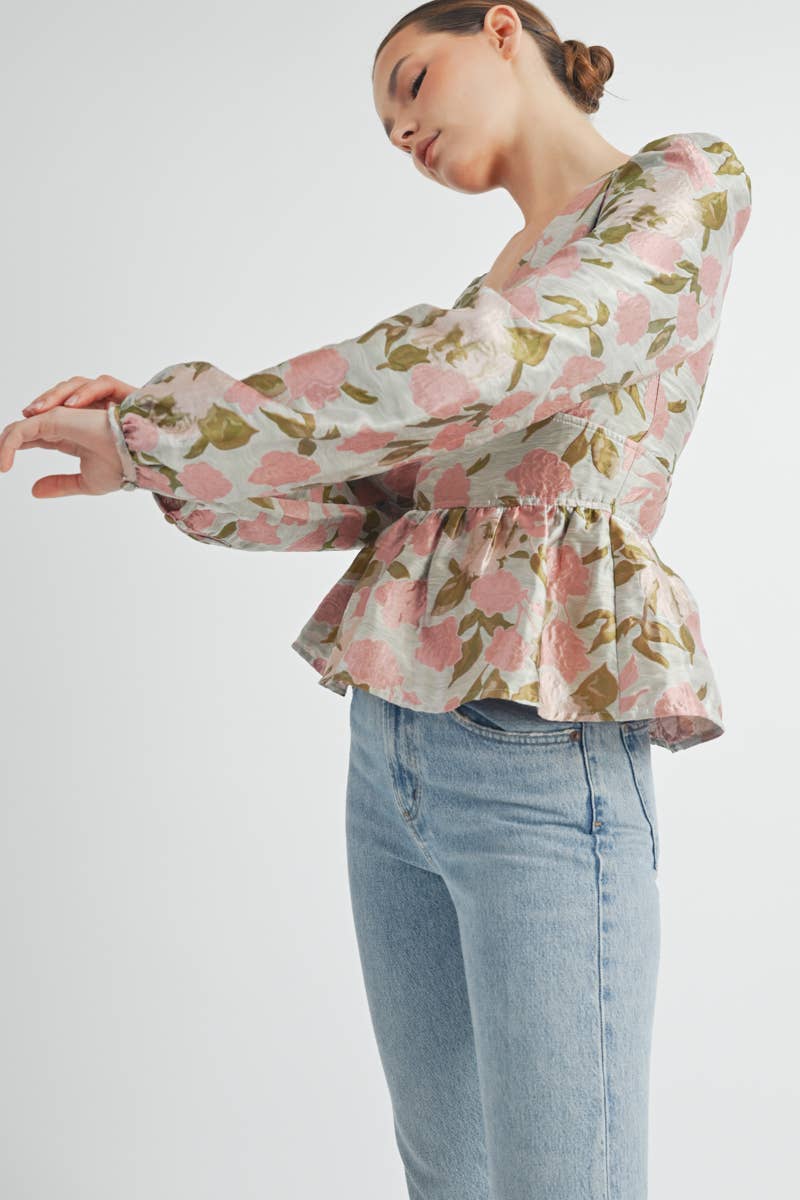 Floral Jacquard Peplum Blouse