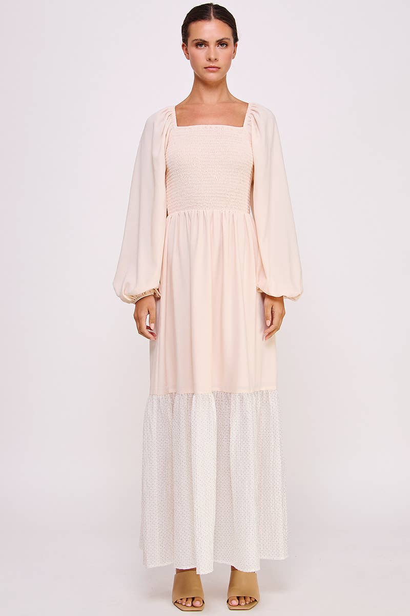 Blush Smocked Long Sleeve Maxi Dress with Shimmer Hem