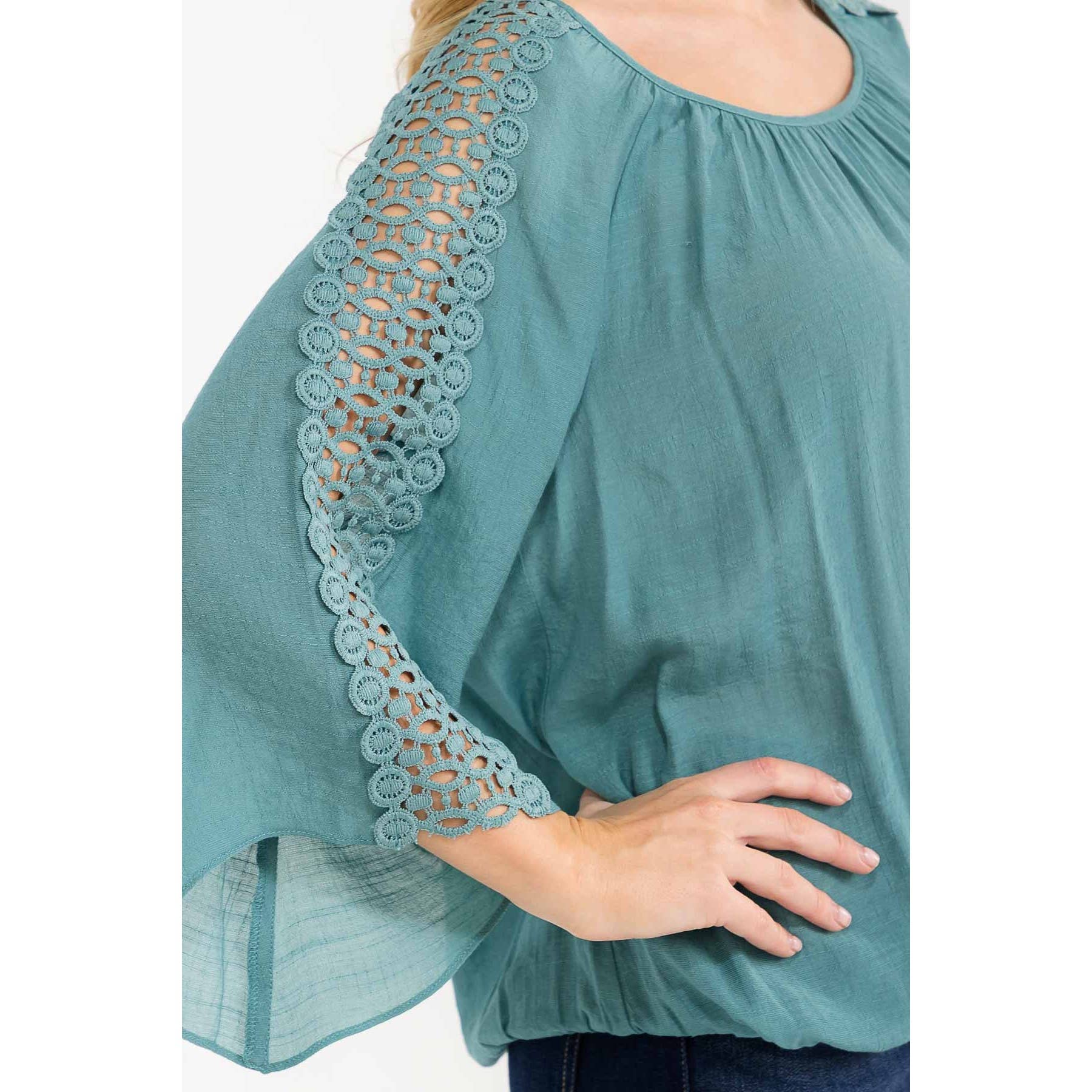 Boho Crochet-Sleeve Peasant Top with Bubble Hem