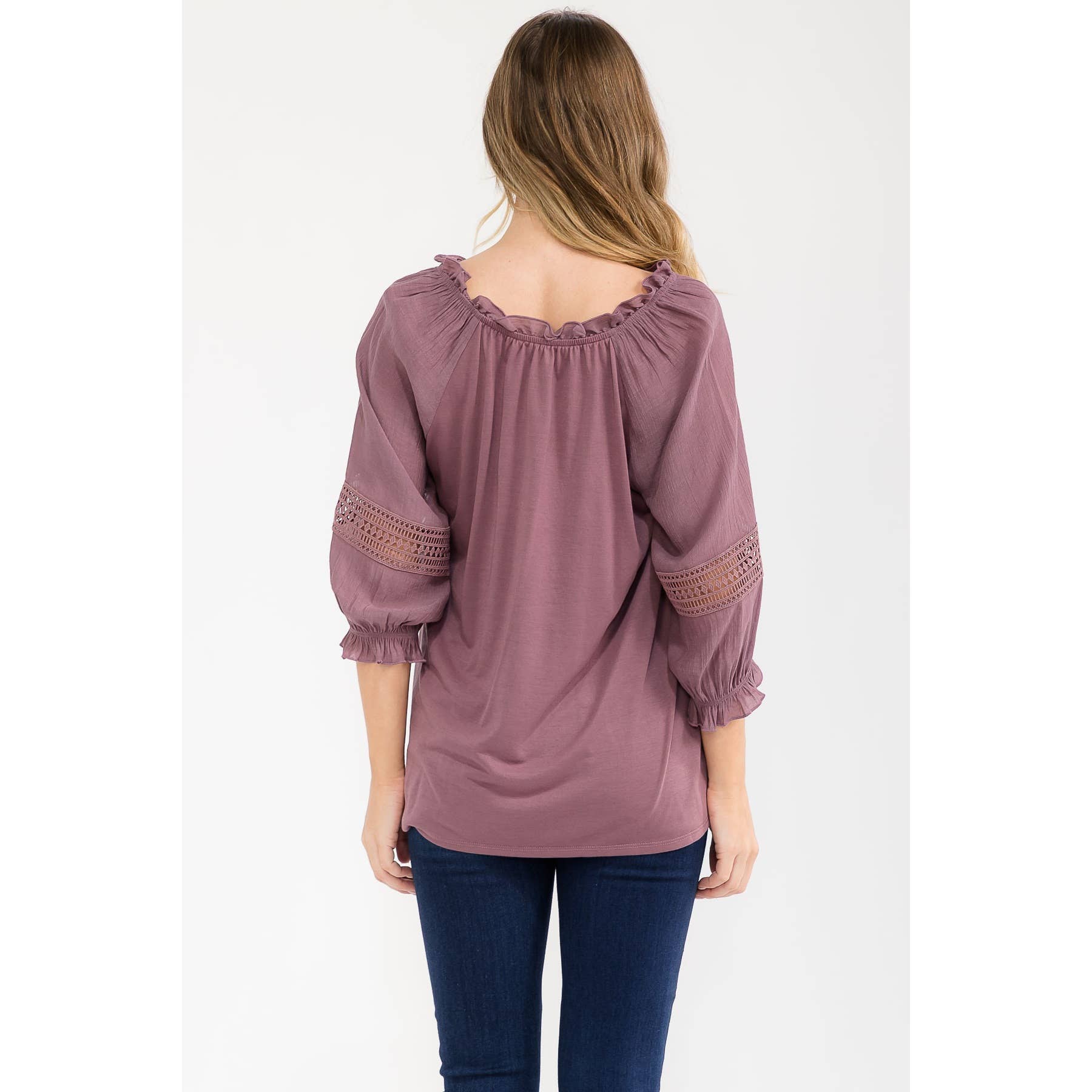 Boho Crochet-Trim Tie-Neck Peasant Top