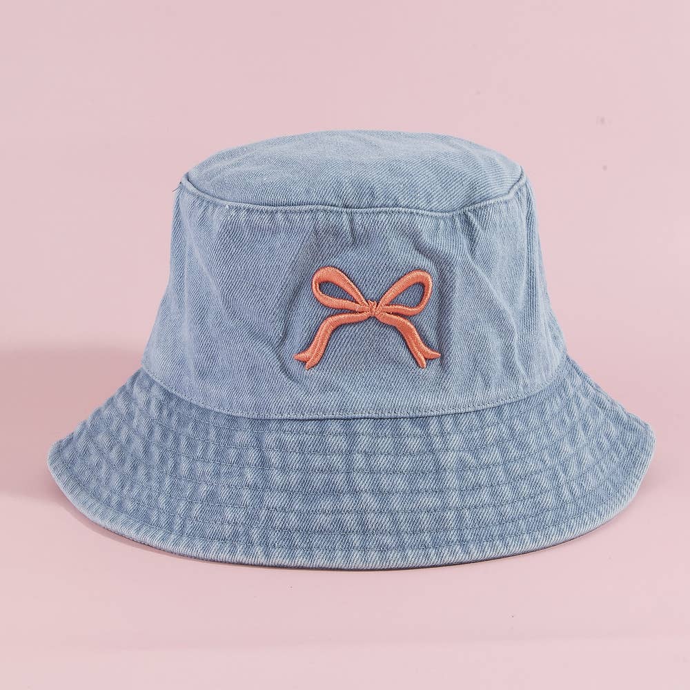 Embroidered Bow Denim Bucket Hat