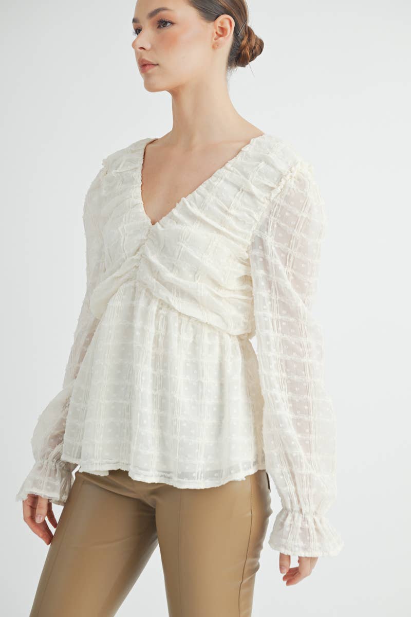 Sheer Textured V-Neck Blouse with Back Ribbon Bow