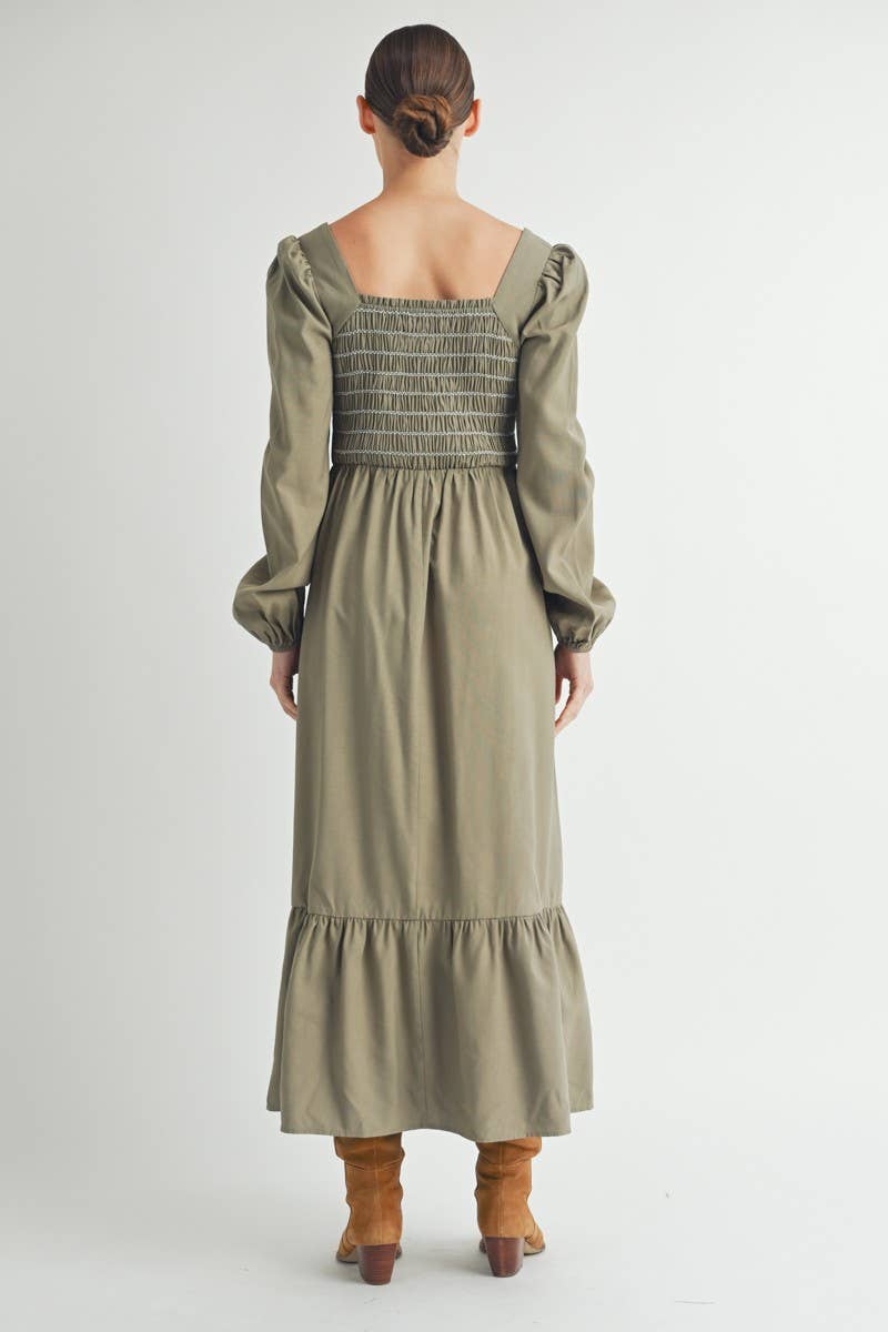 Olive Smocked Bodice Long Sleeve Midi Dress