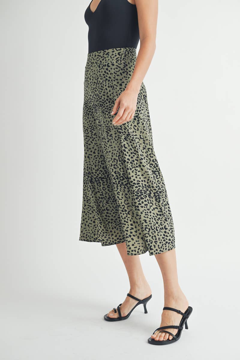 Olive Leopard Print Tiered Midi Skirt