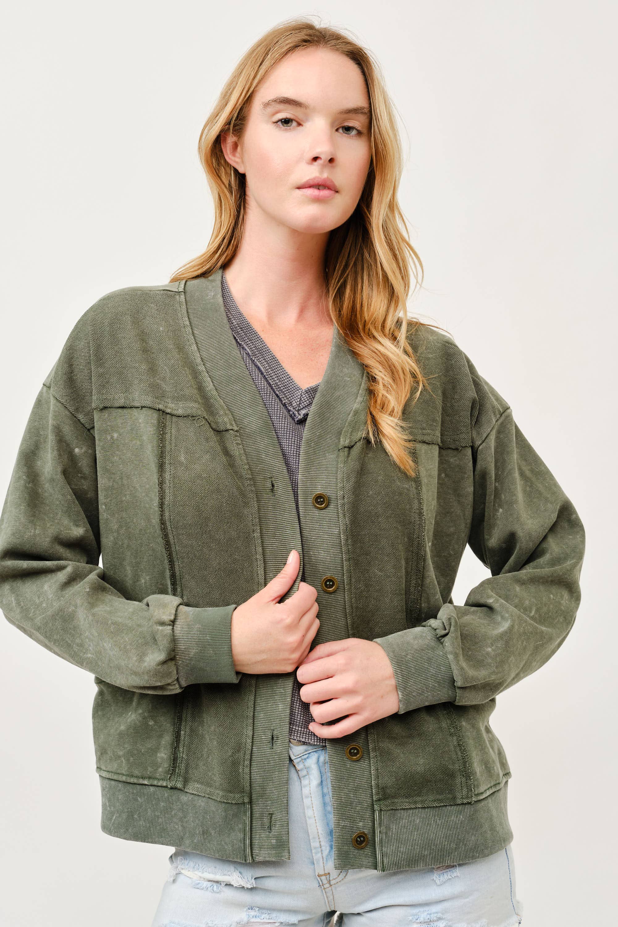 Washed Button-Front Cardigan Jacket with Pockets