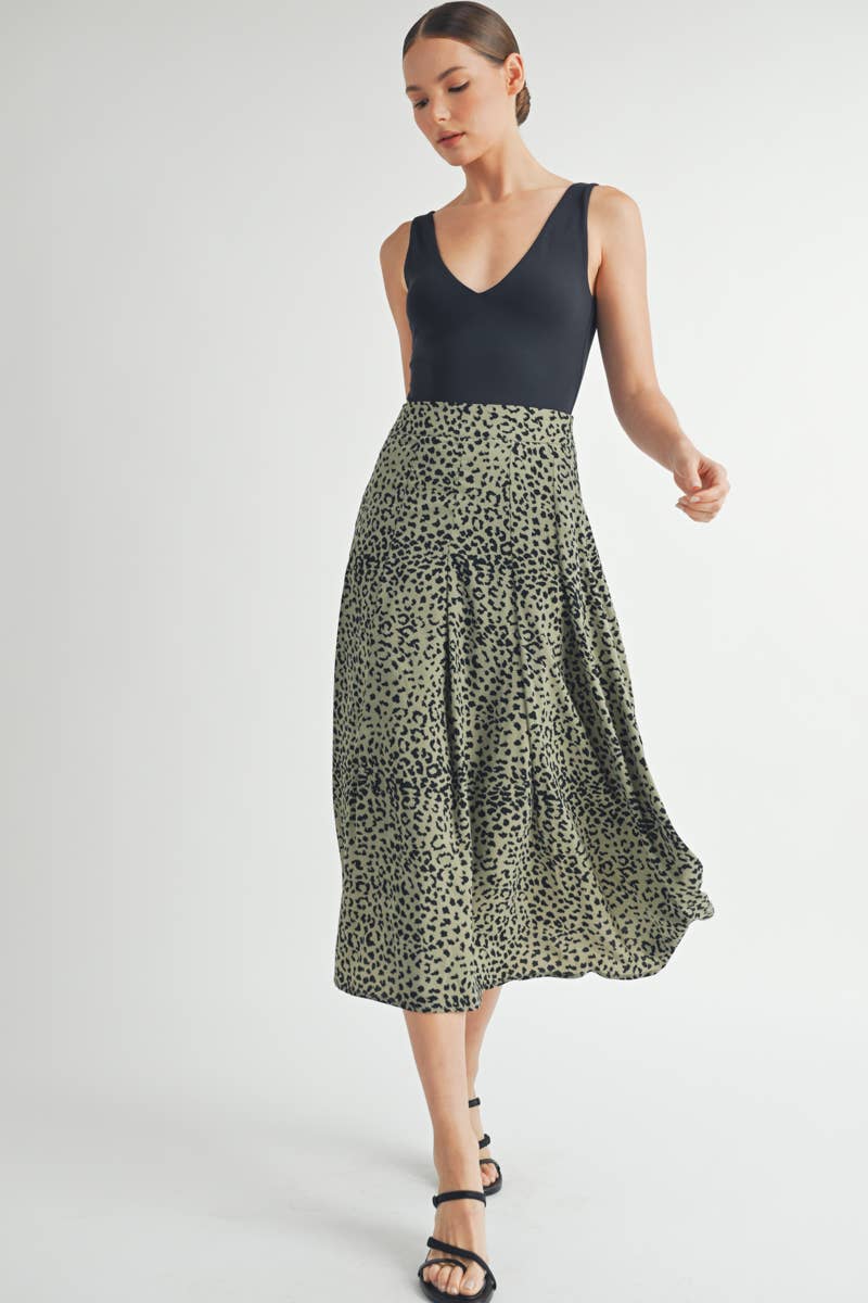 Olive Leopard Print Tiered Midi Skirt
