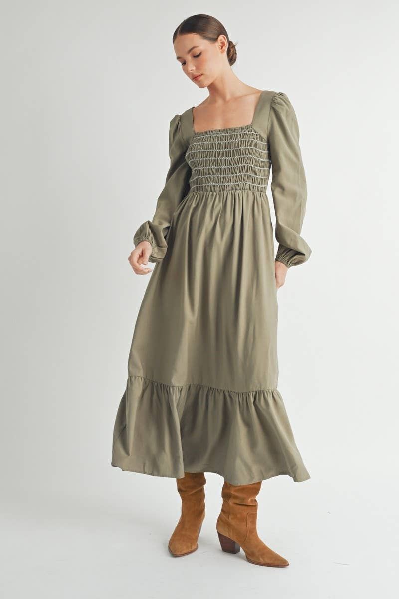 Olive Smocked Bodice Long Sleeve Midi Dress
