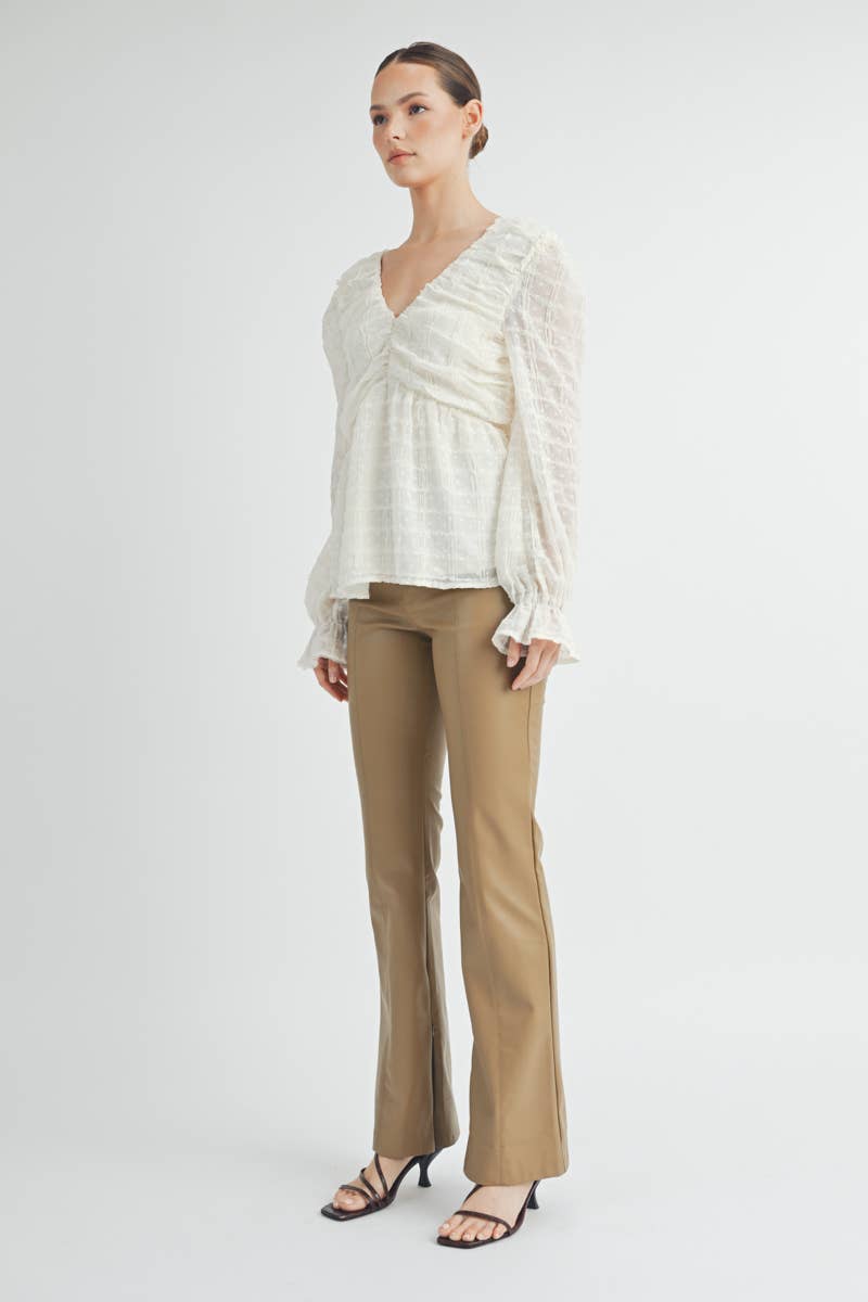 Sheer Textured V-Neck Blouse with Back Ribbon Bow