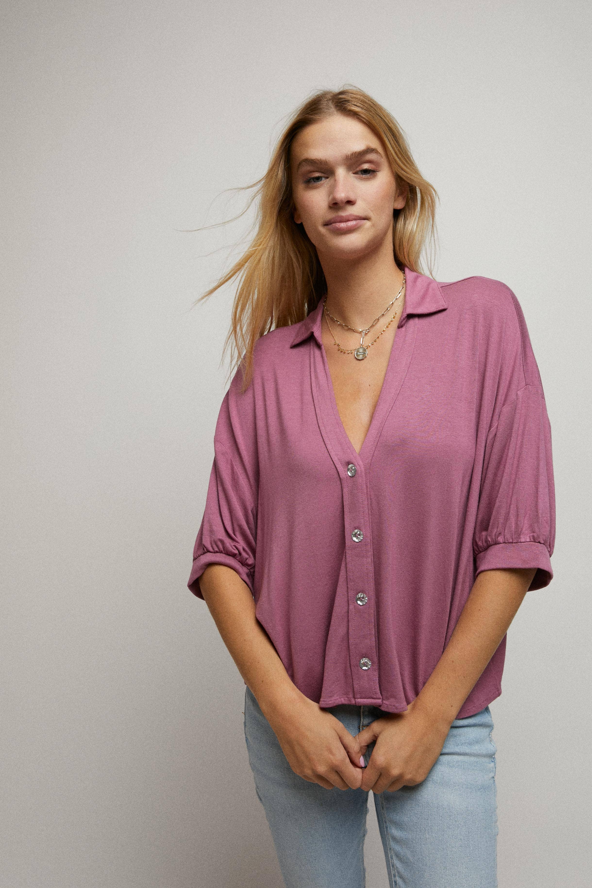 Rhinestone Button Down Crop Shirt with Elbow Sleeves