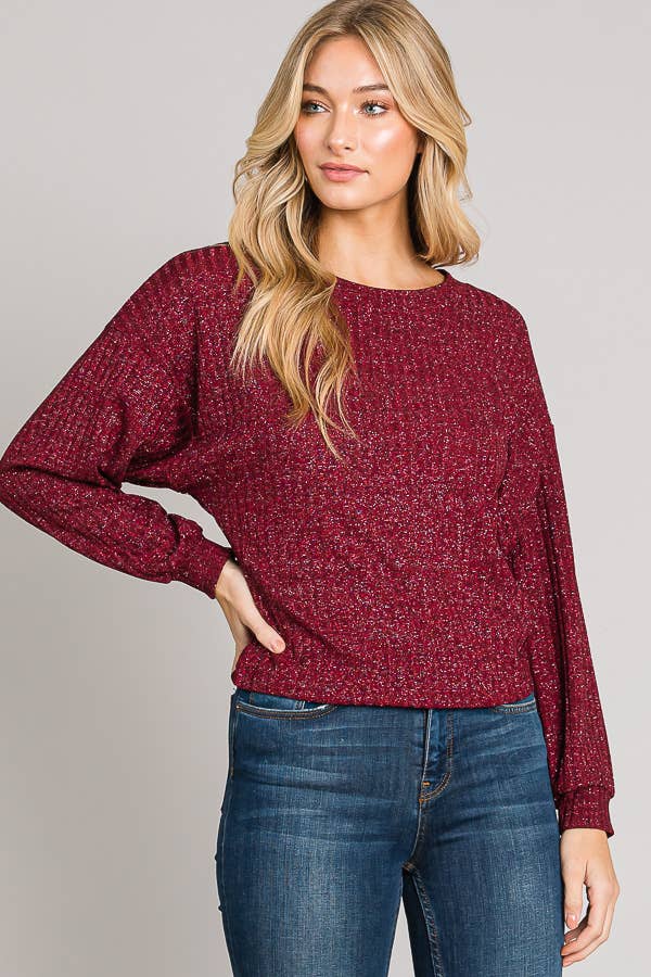 Boxy Long Sleeve Shimmer Lurex Rib Knit Crop Sweater