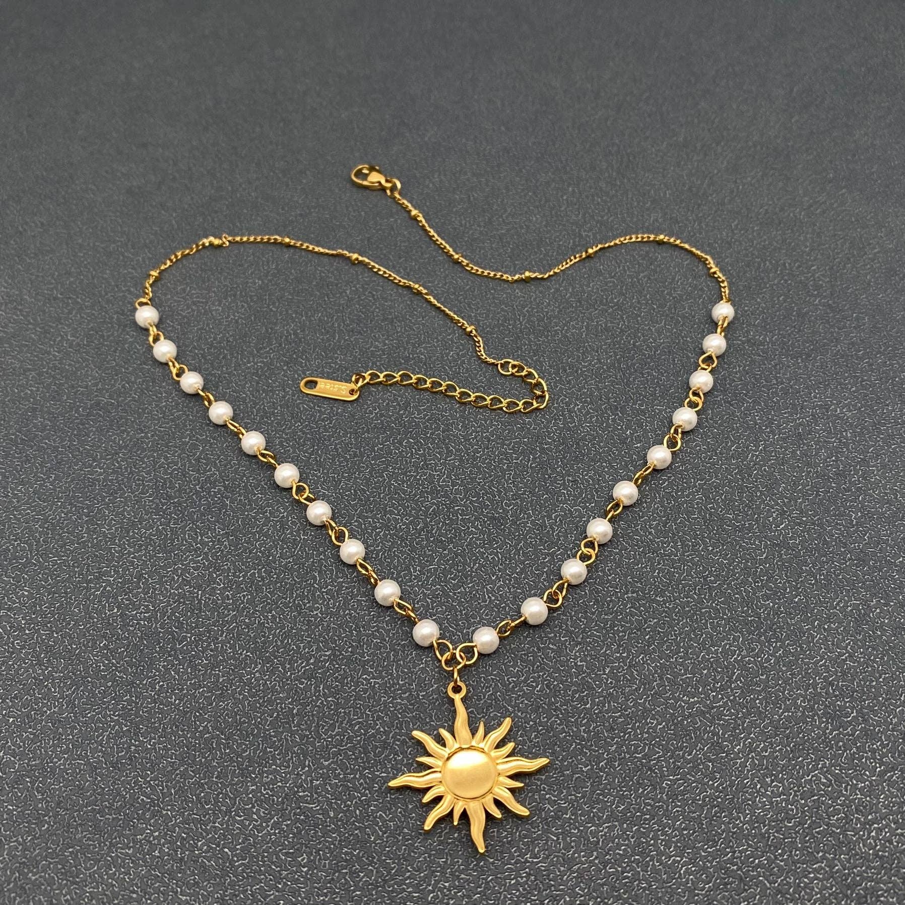 Sun Charm Pearl Chain 18K Gold Plated Necklace