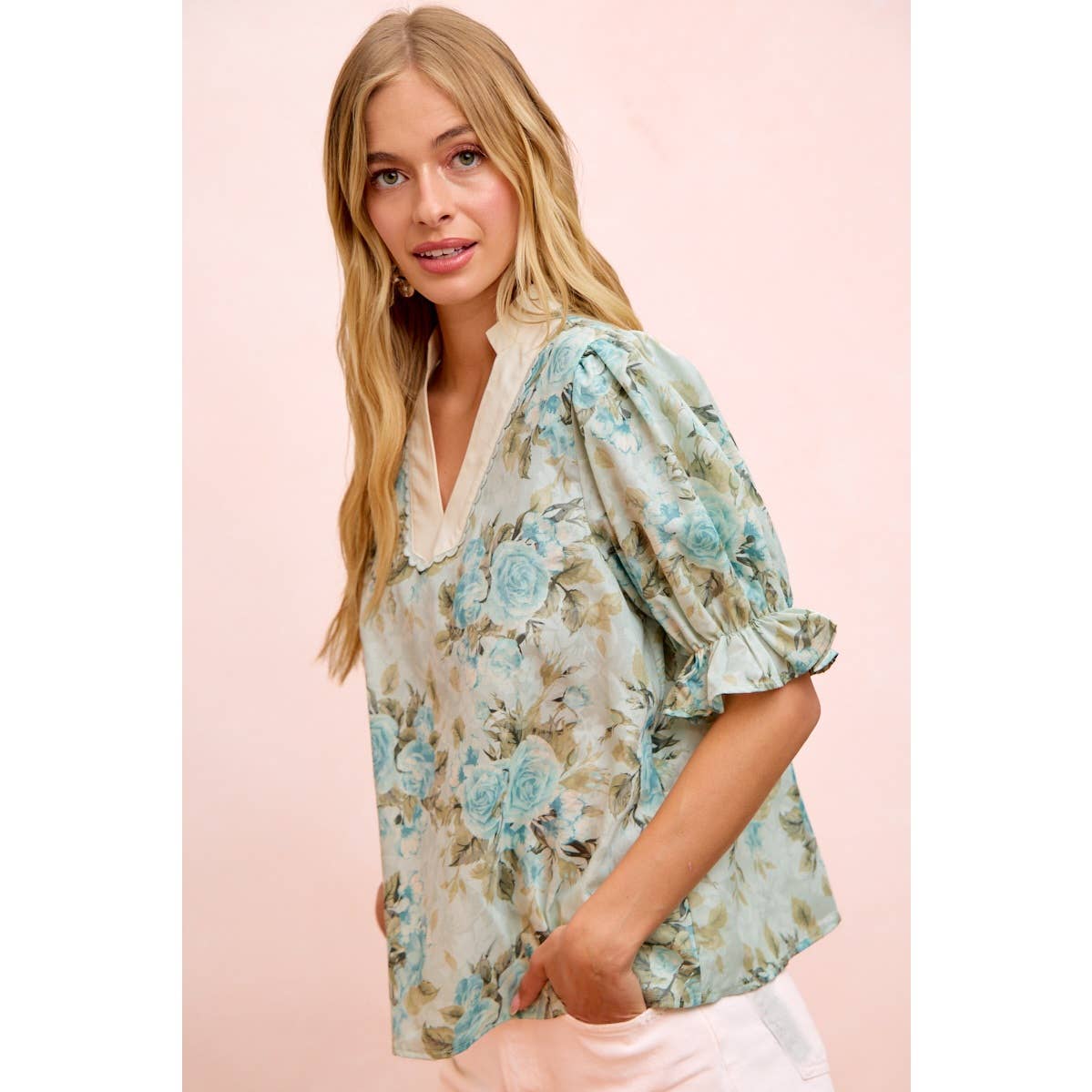 Bibi Rose Puff Sleeve V Neck Blouse