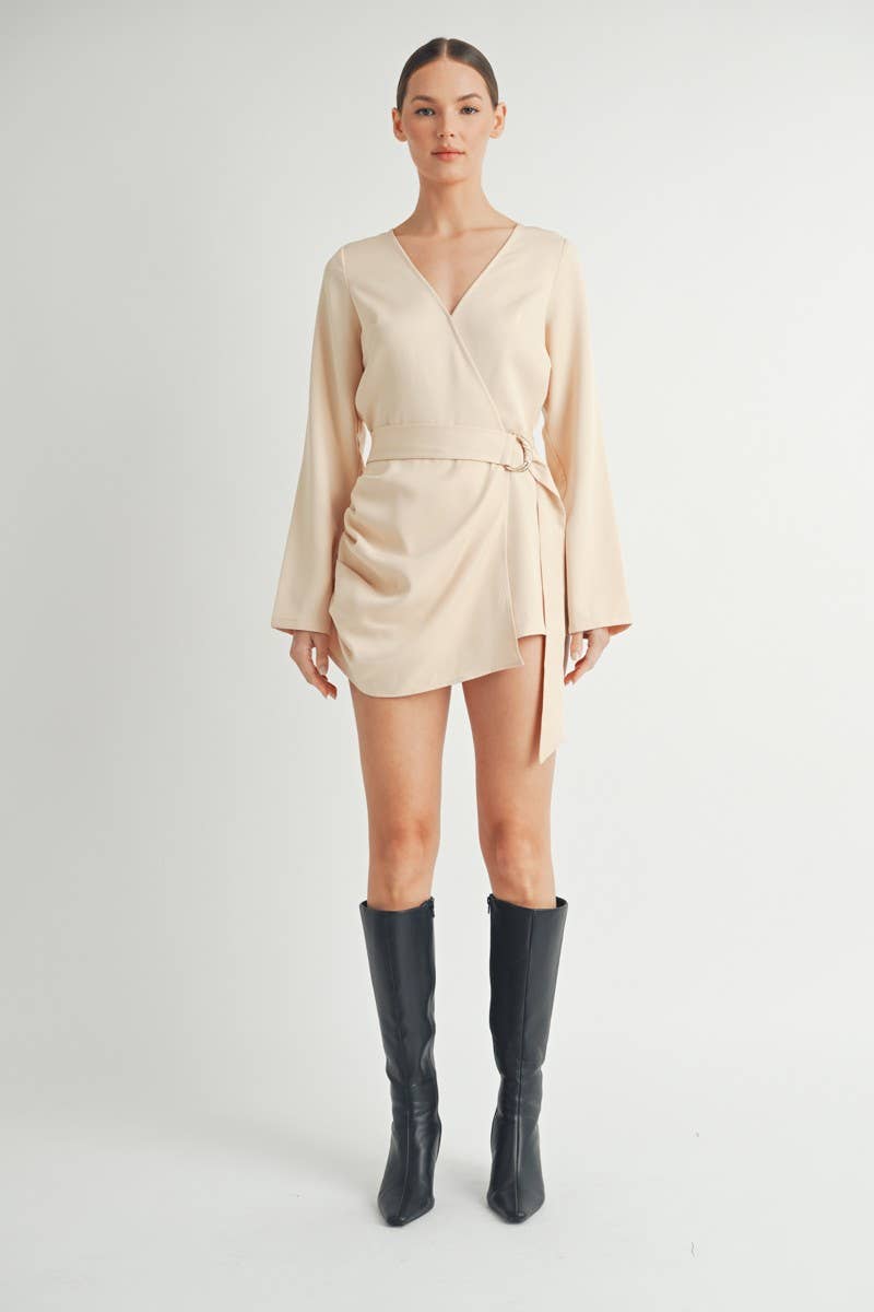 Belted Wrap-Front Sleeve Romper
