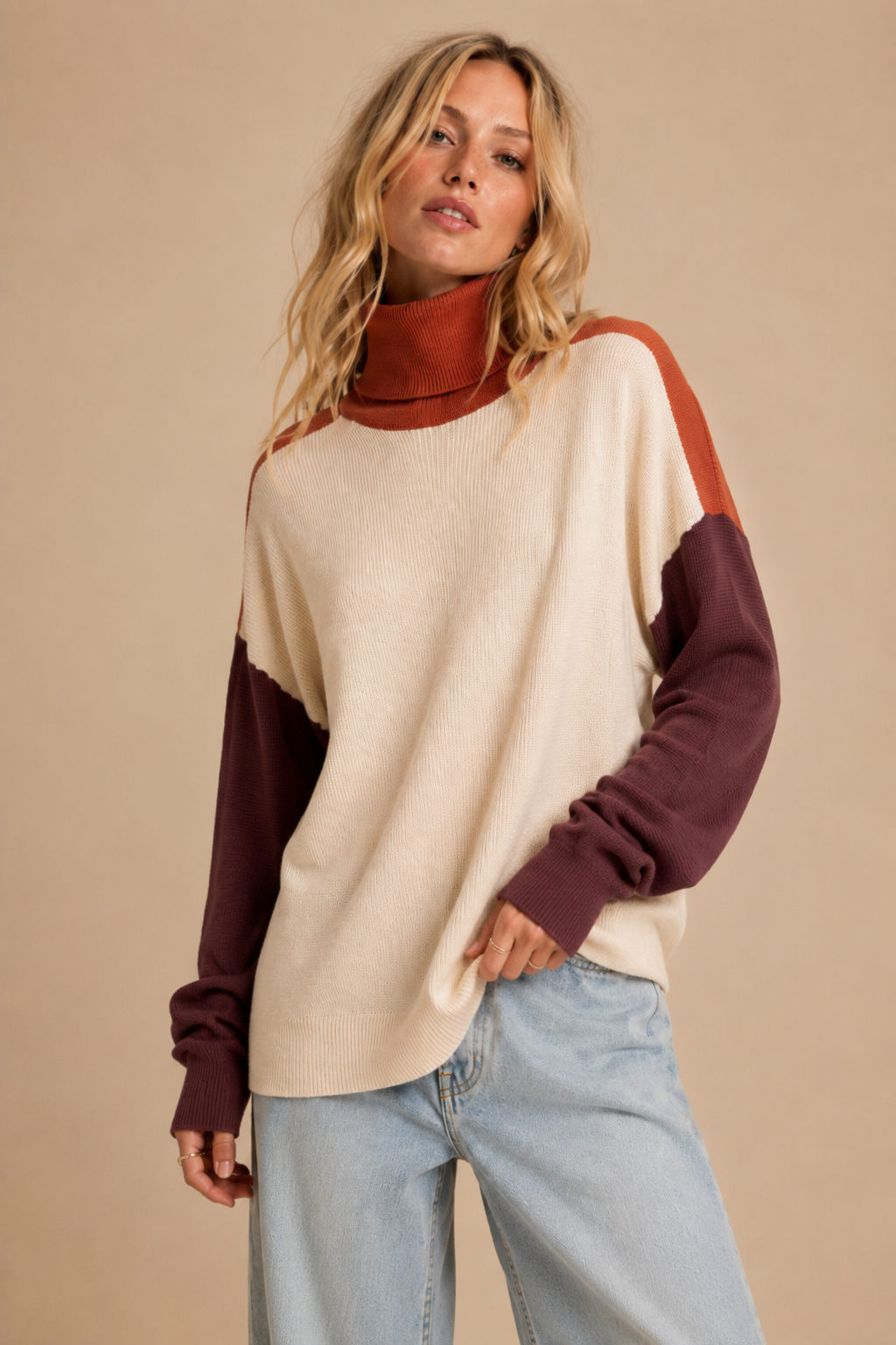 Colorblock Turtleneck Knit Sweater