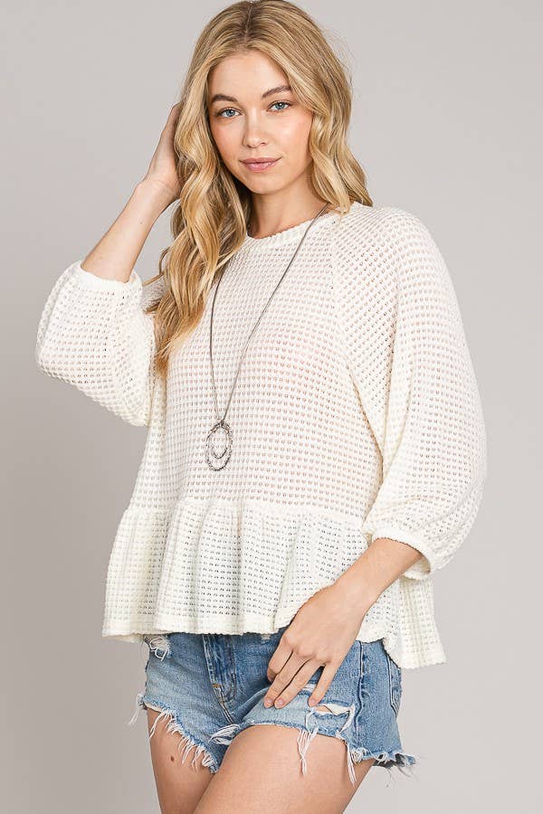 Peplum Soft Waffle Knit Top with Bracelet Sleeves