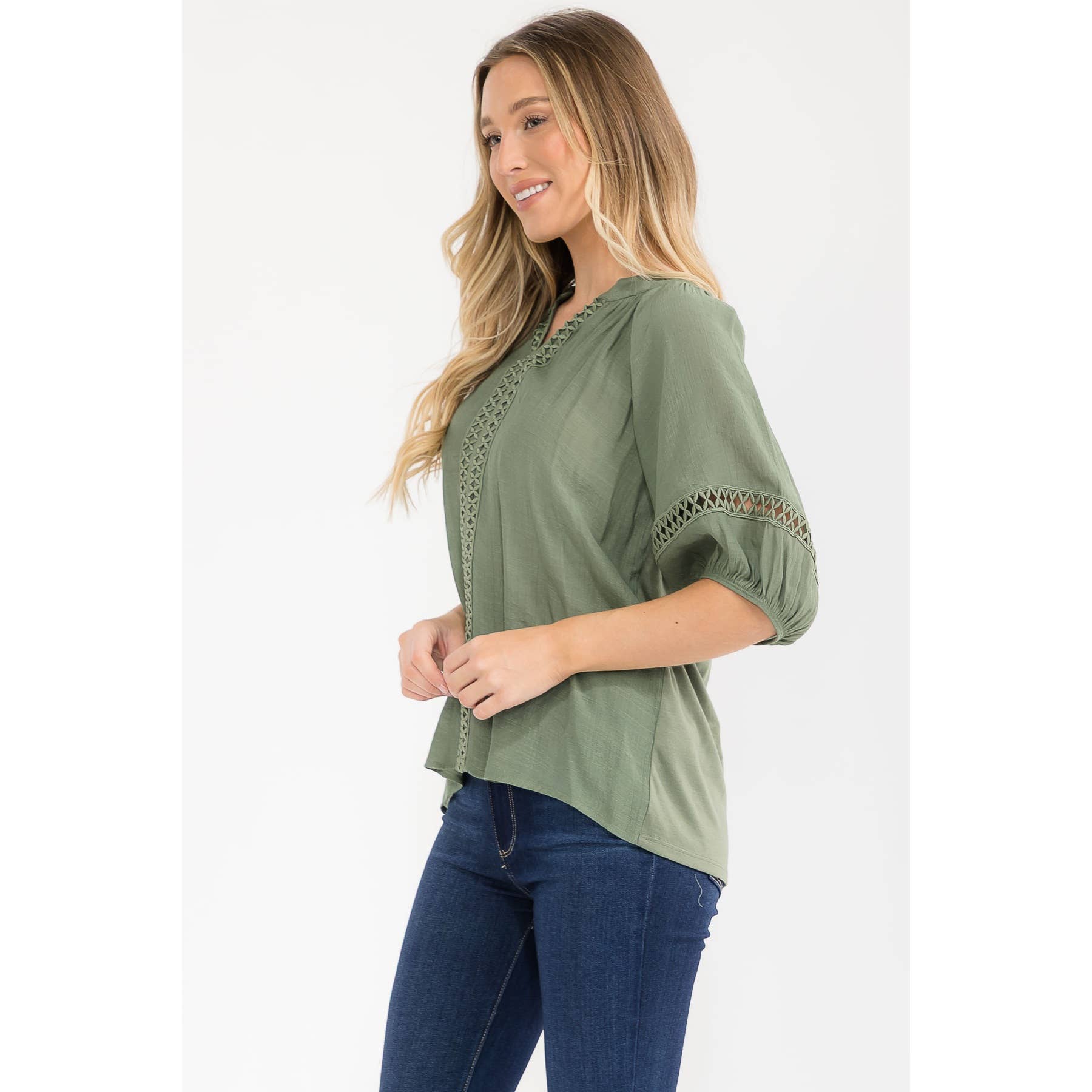 Mandarine Split Neck Peasant Top