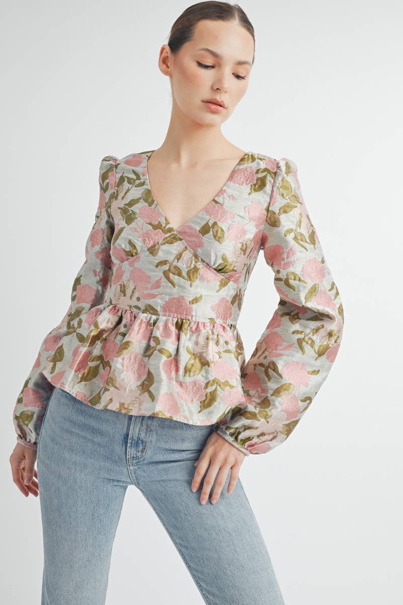 Floral Jacquard Peplum Blouse