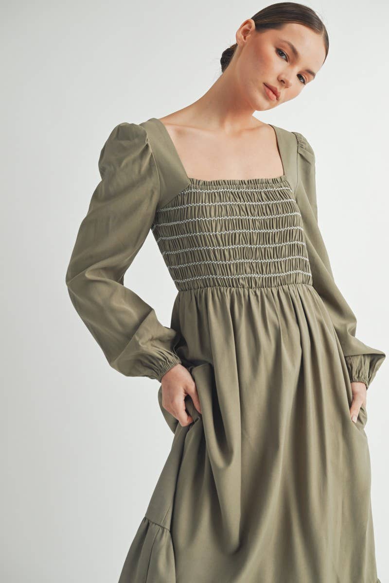 Olive Smocked Bodice Long Sleeve Midi Dress