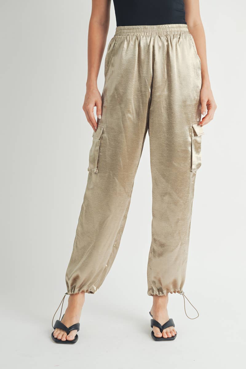 Satin Cargo Pants with Adjustable Drawstring Hem