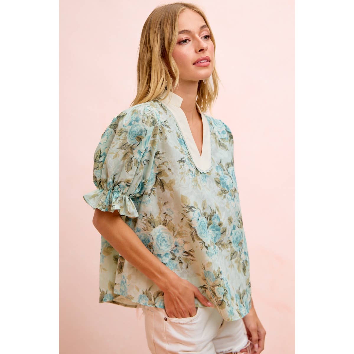 Bibi Rose Puff Sleeve V Neck Blouse