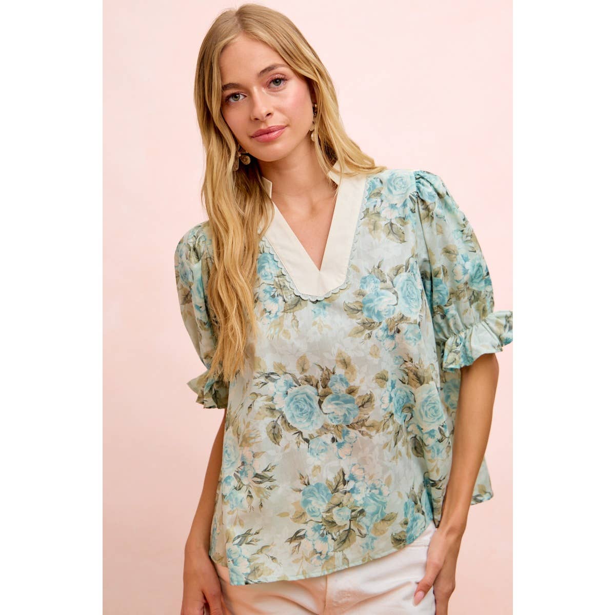 Bibi Rose Puff Sleeve V Neck Blouse