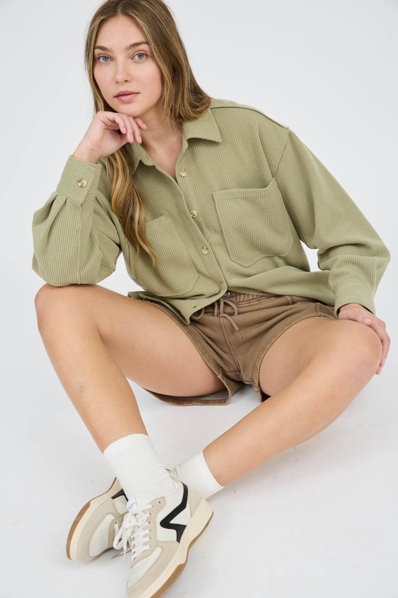 Blu Pepper Rib Knit Button-Up Top with Exposed Seams