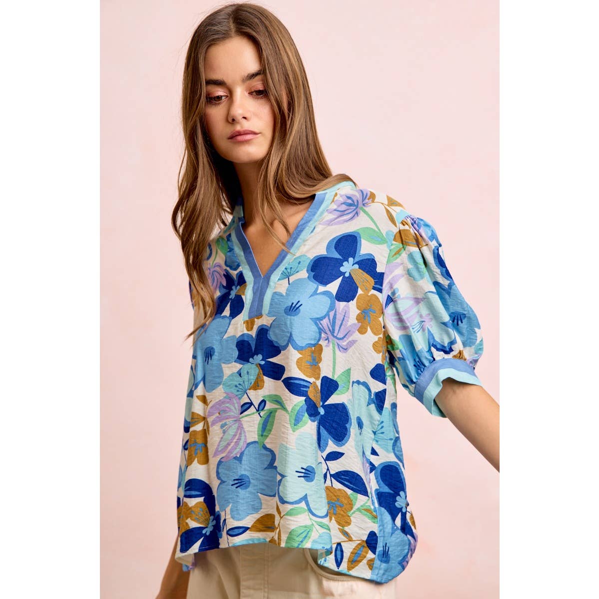 Bibi Woven Puff Sleeve Blouse with Contrast Trim