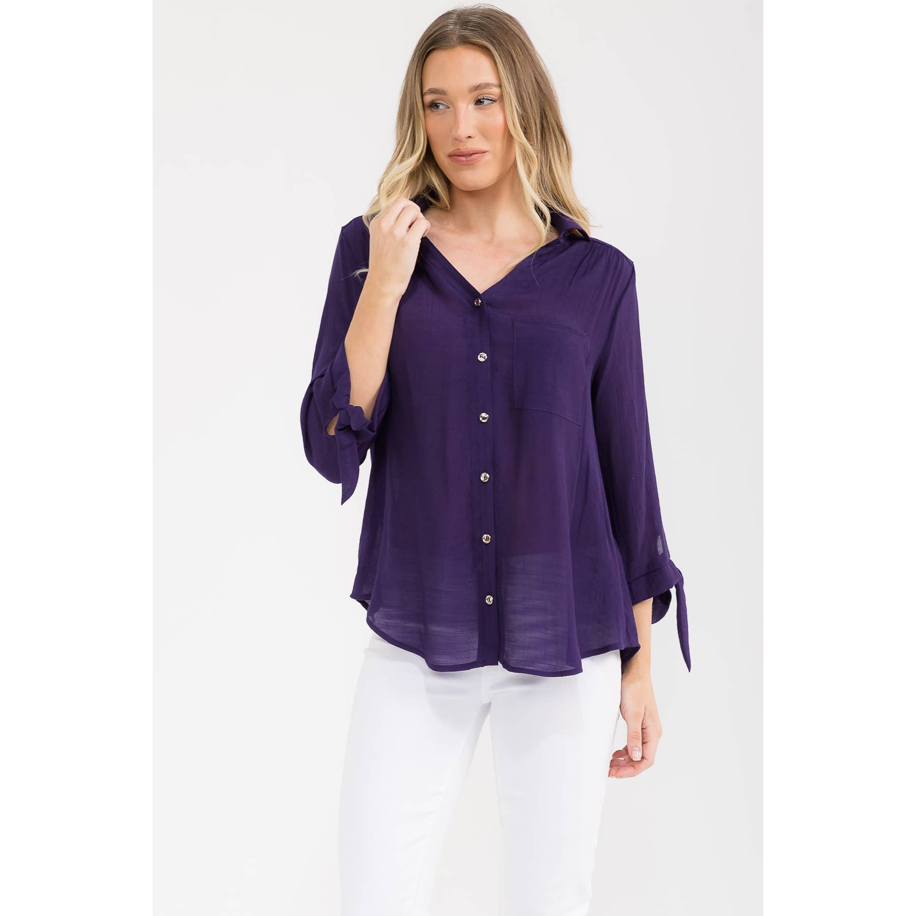 Purple Papaya gauze shirt with a collar and tie sleeves.