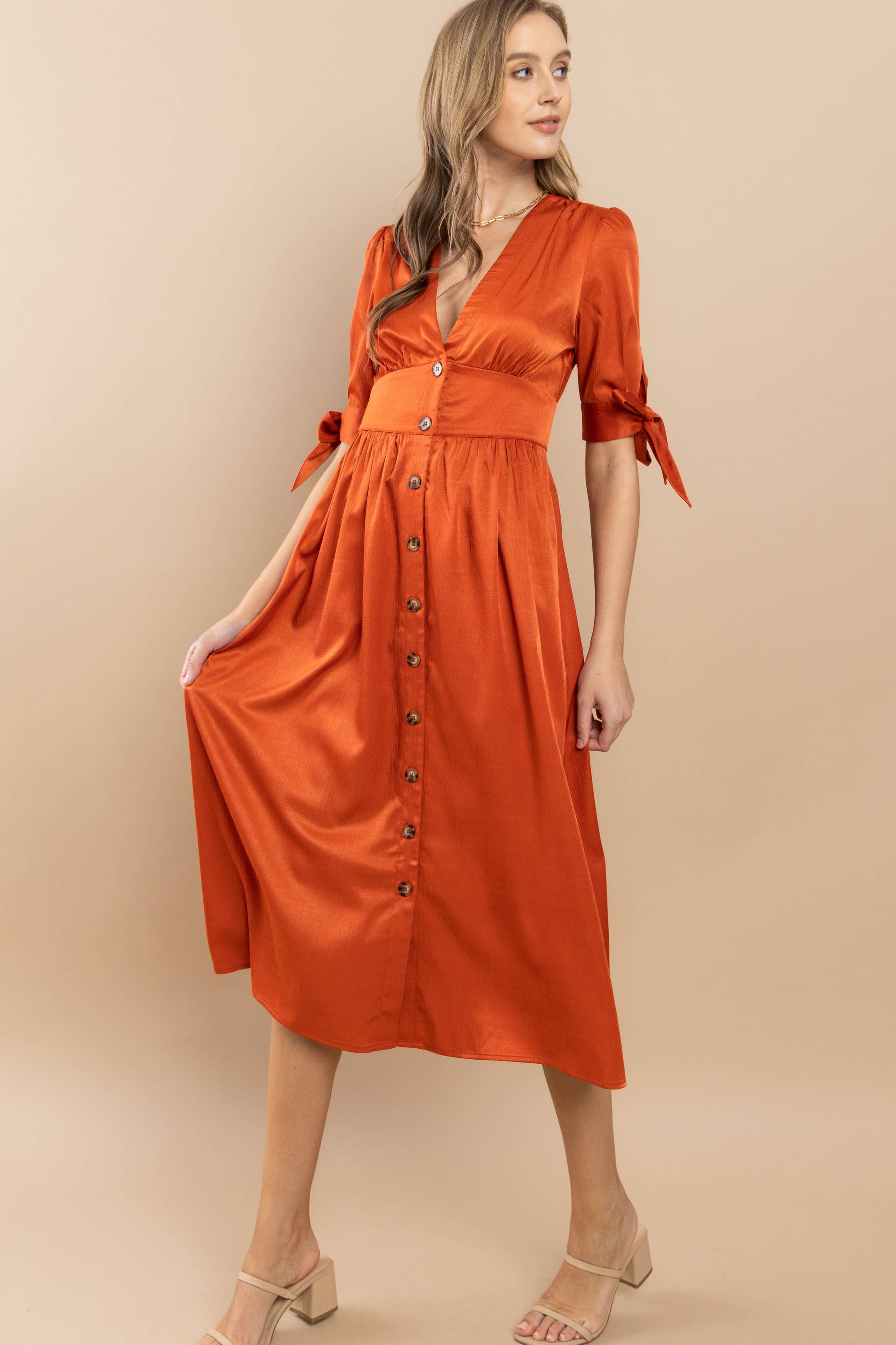 Button-Front Midi Dress with Tie Sleeves
