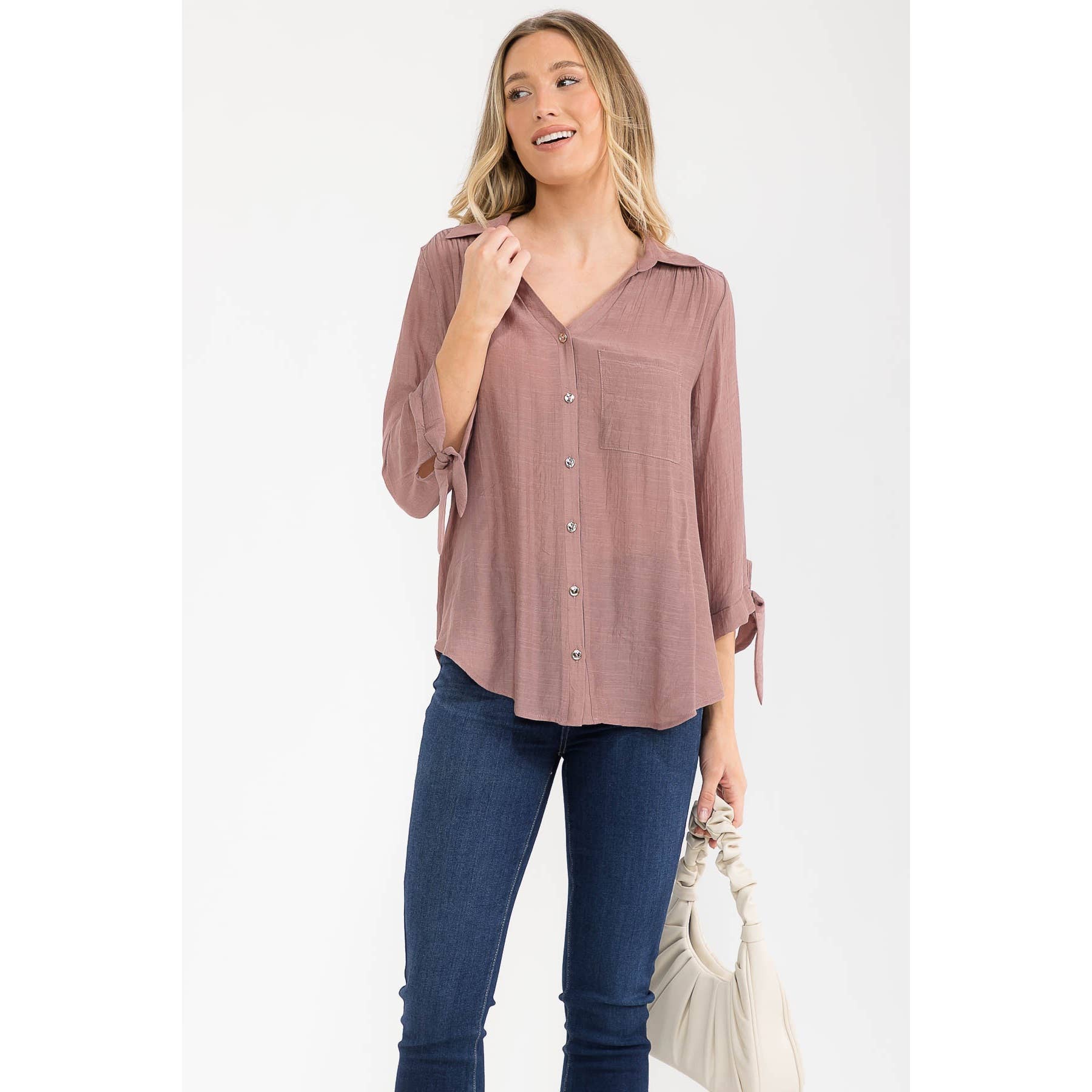 Mauve Papaya gauze shirt with a collar and tie sleeves.