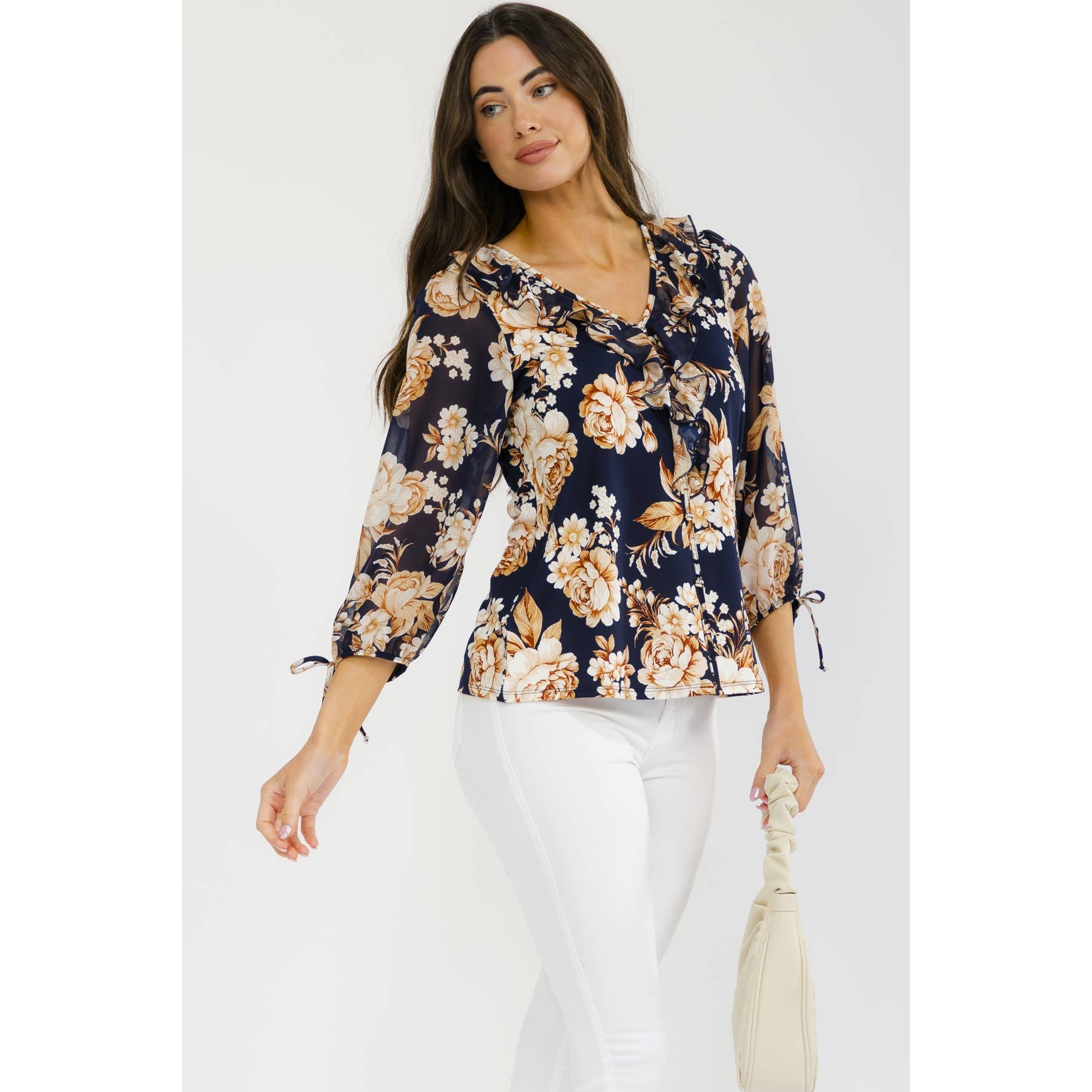 Gold Button with a Romantic Ruffle Front Blouse
