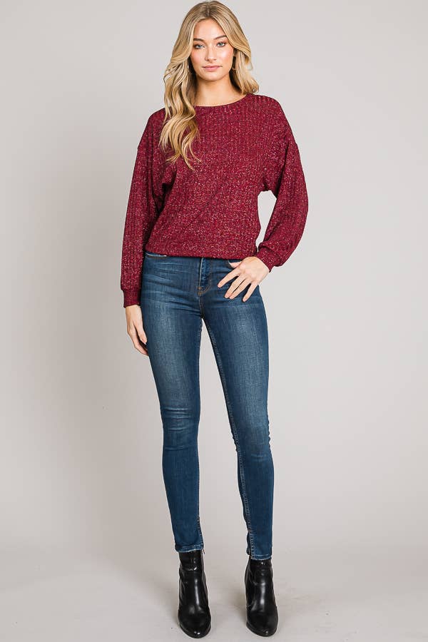 Boxy Long Sleeve Shimmer Lurex Rib Knit Crop Sweater