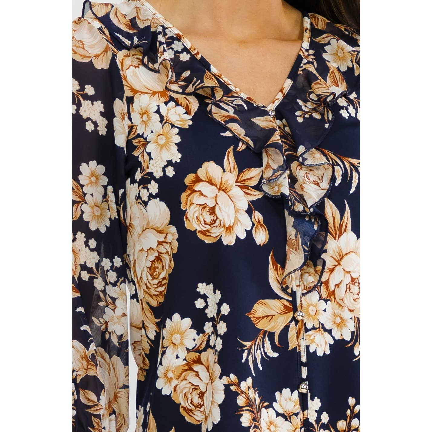 Gold Button with a Romantic Ruffle Front Blouse
