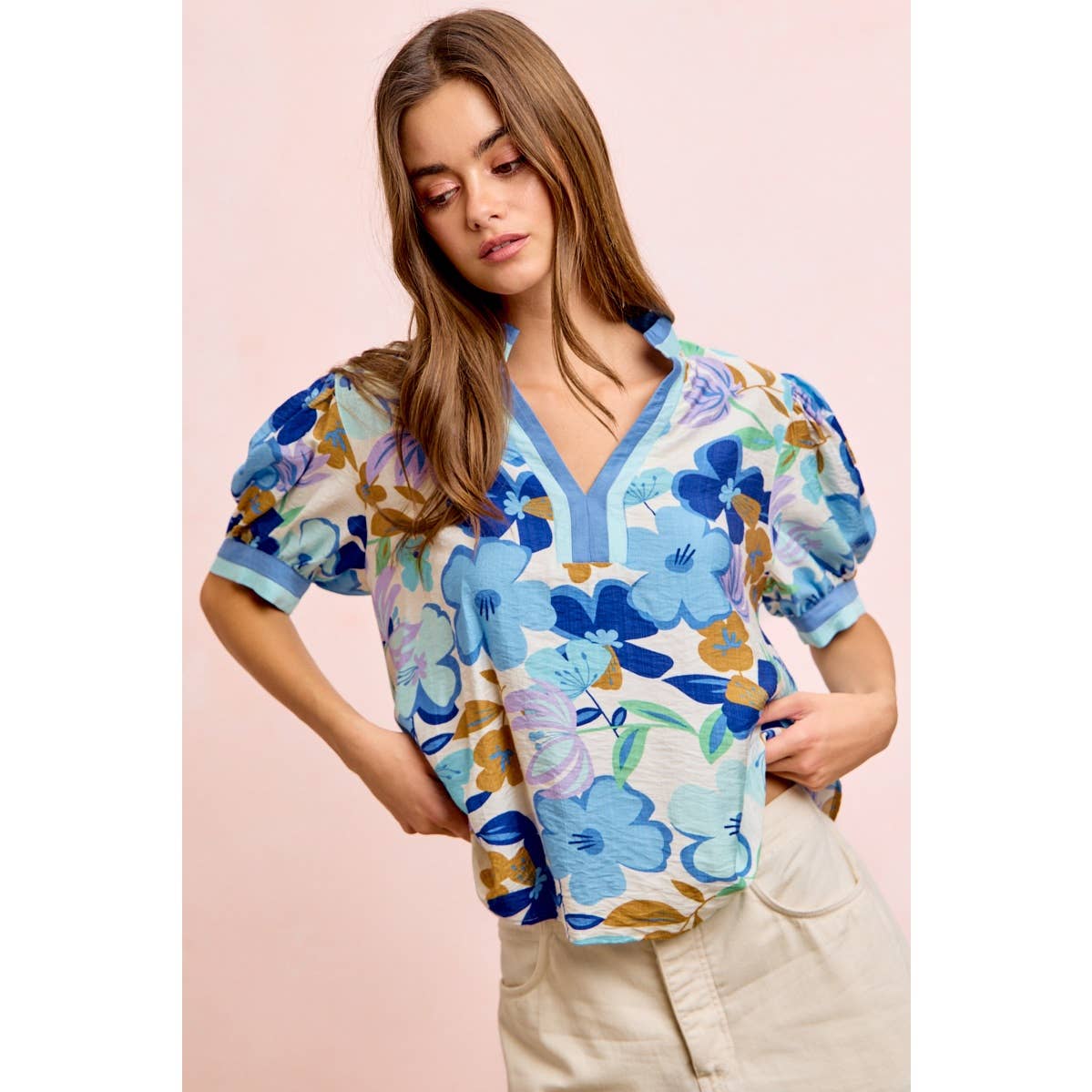 Bibi Woven Puff Sleeve Blouse with Contrast Trim