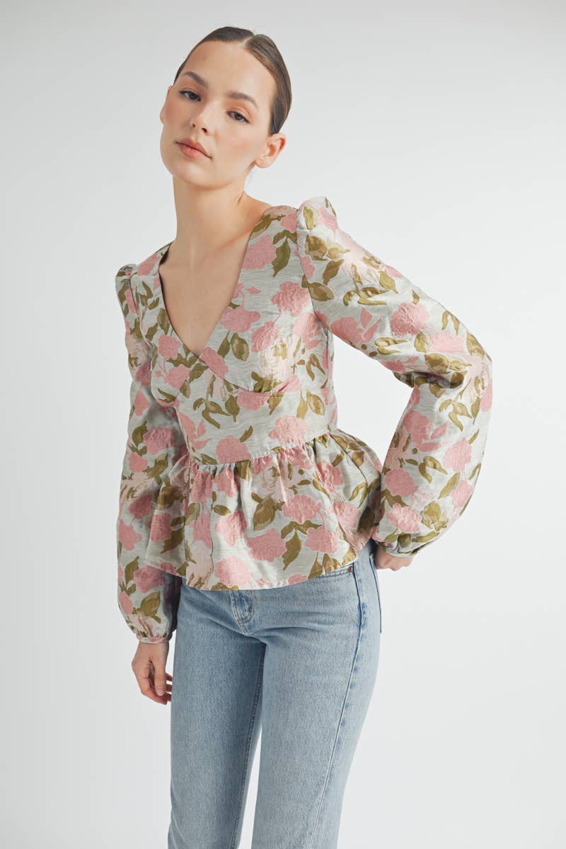 Floral Jacquard Peplum Blouse
