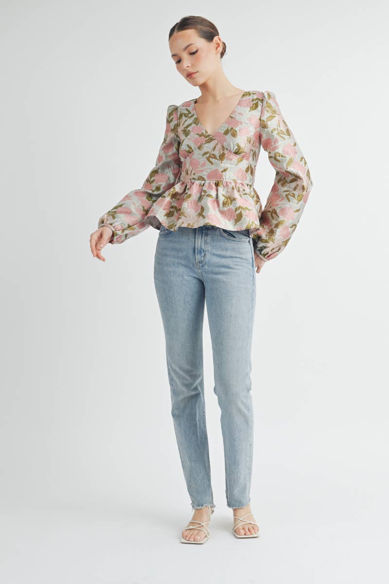 Floral Jacquard Peplum Blouse