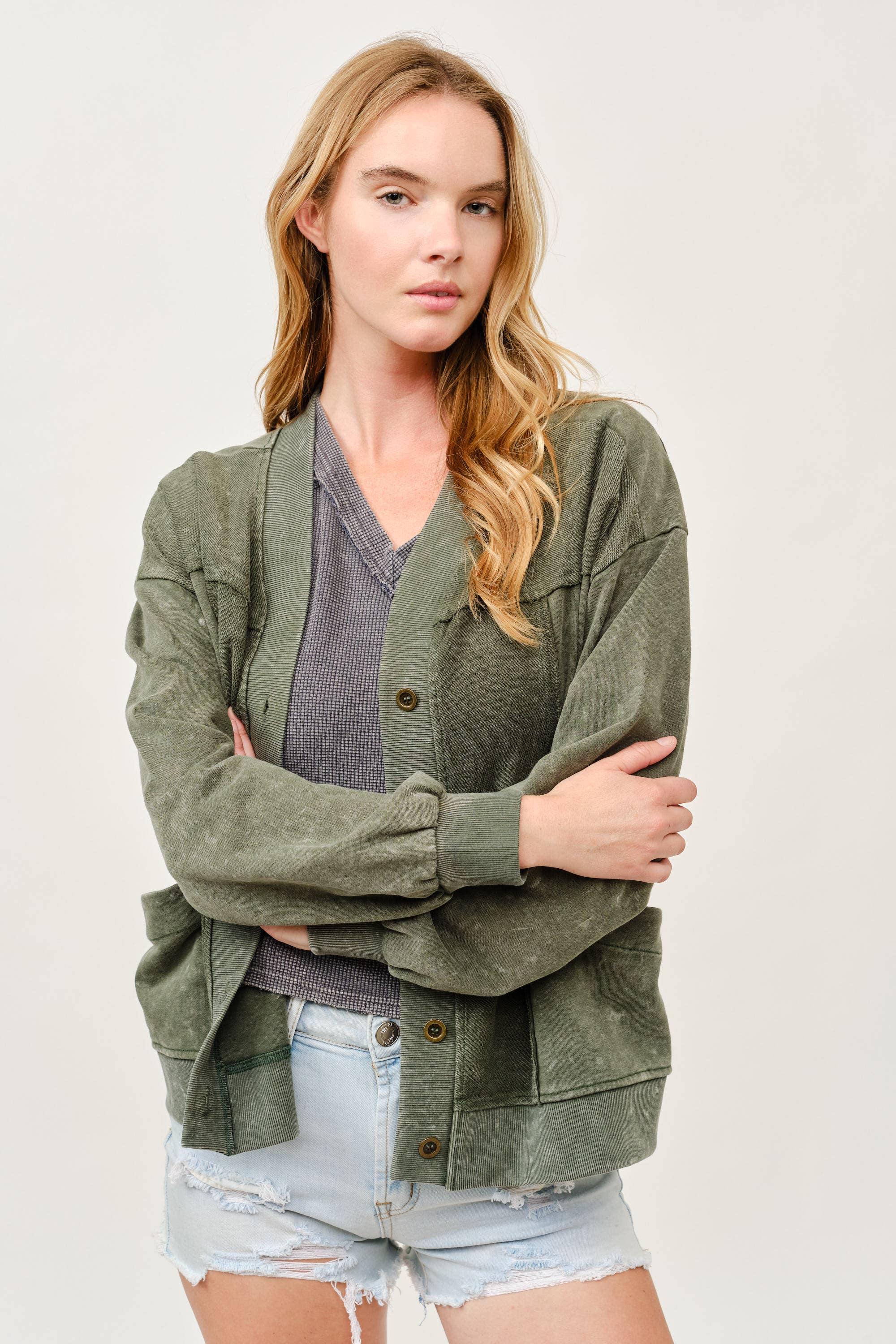 Washed Button-Front Cardigan Jacket with Pockets