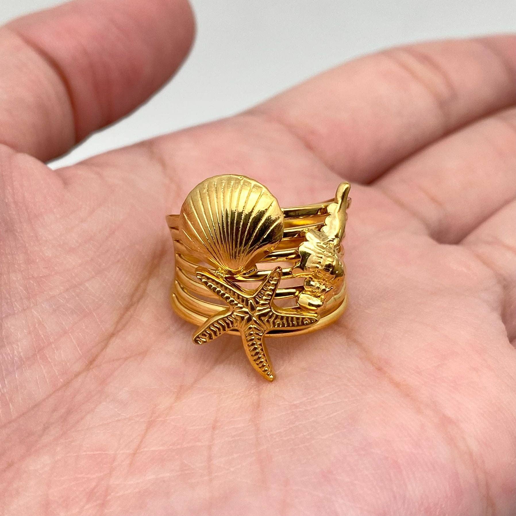 Conch Shell Starfish 18K Gold Plated Ring