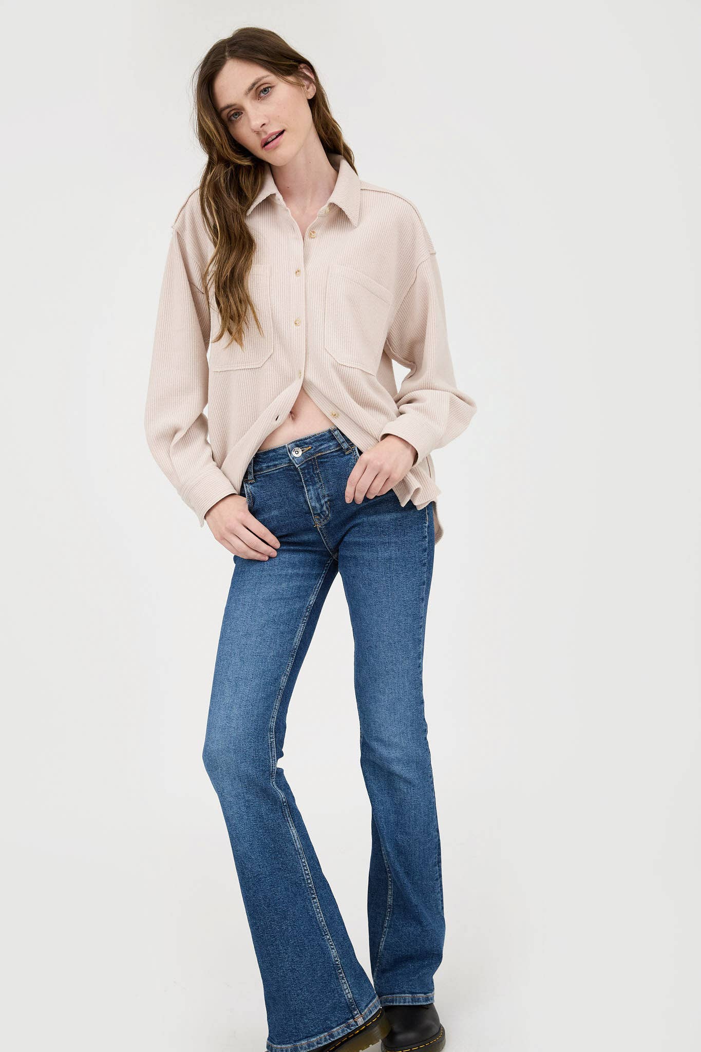 Blu Pepper Rib Knit Button-Up Top with Exposed Seams