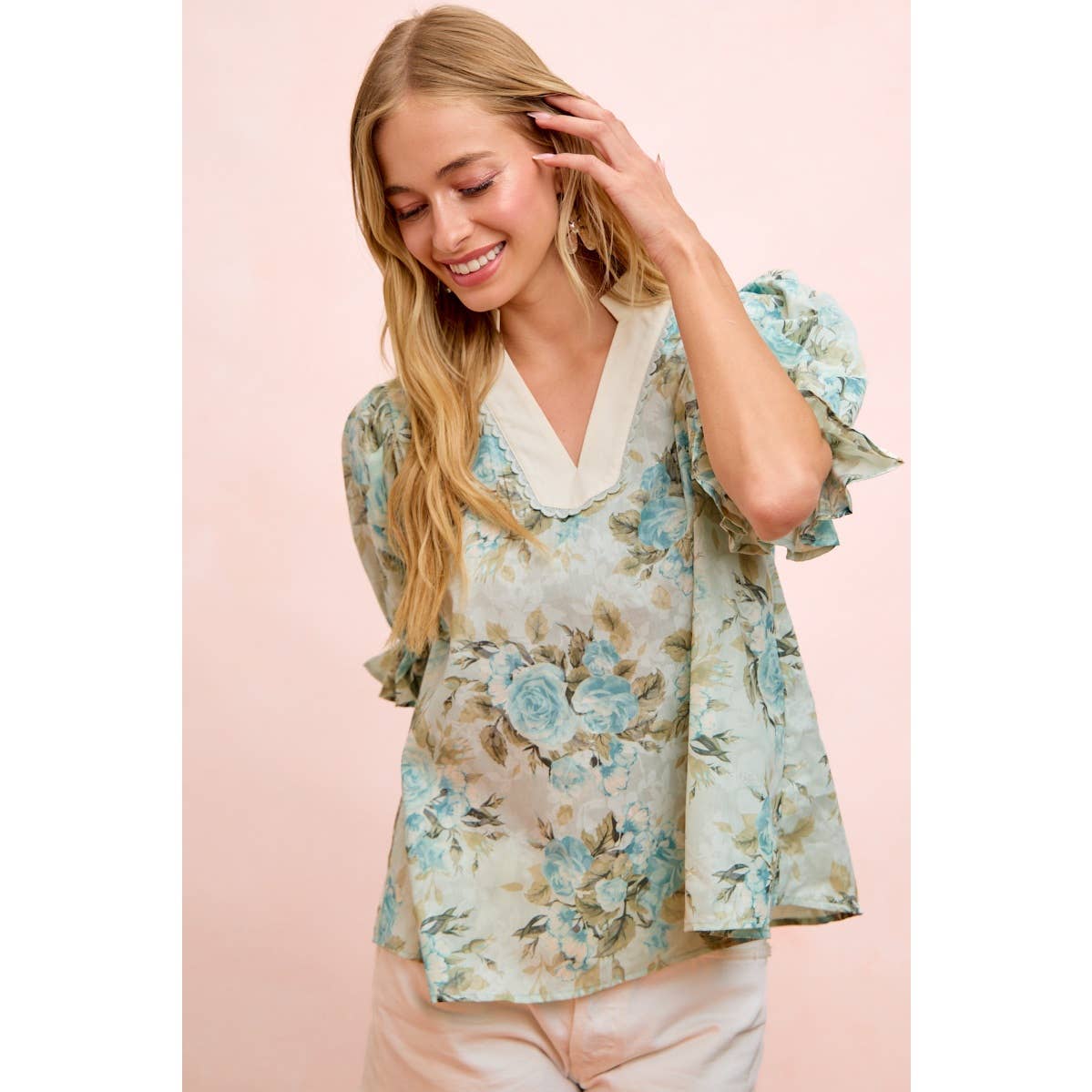 Bibi Rose Puff Sleeve V Neck Blouse