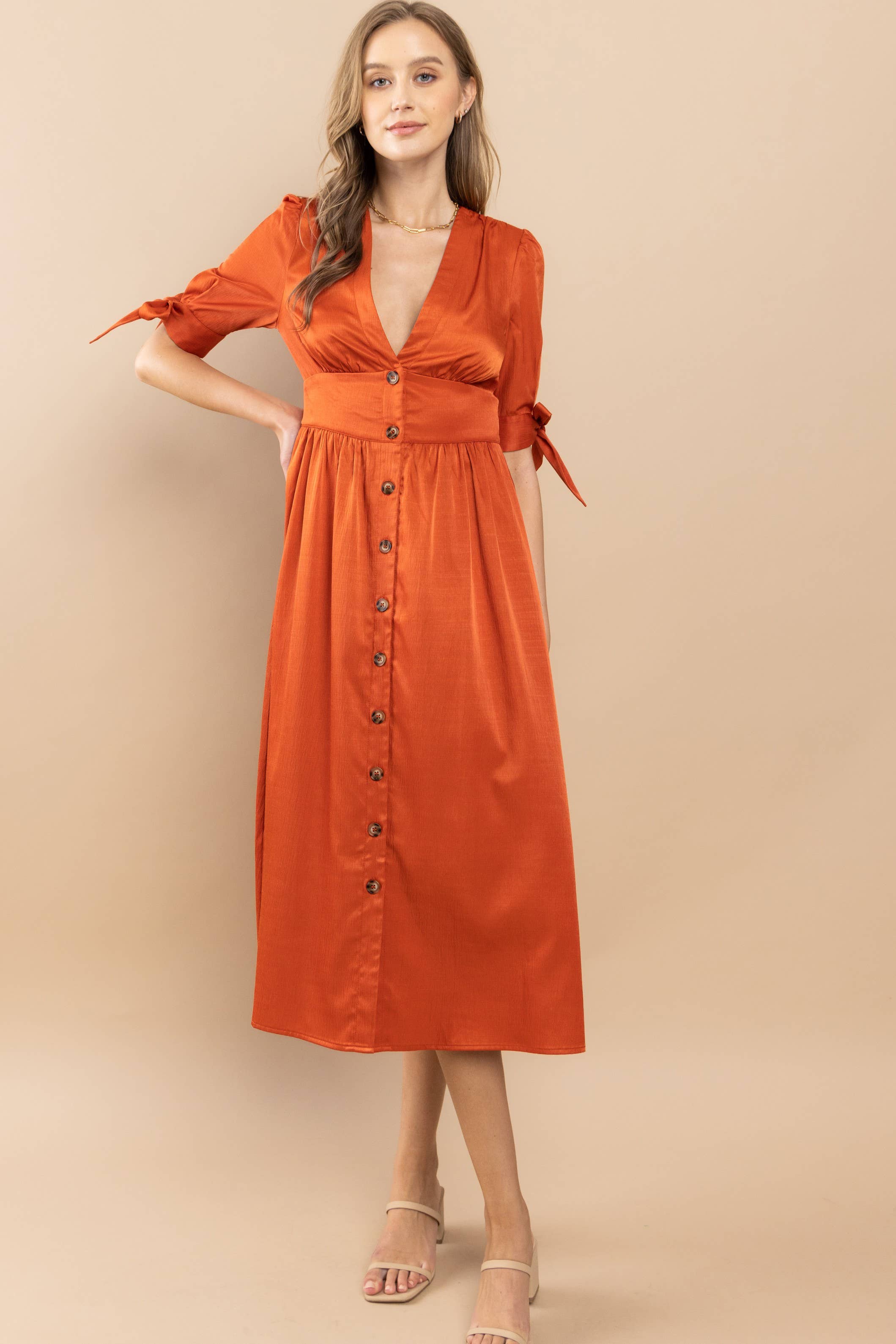 Button-Front Midi Dress with Tie Sleeves